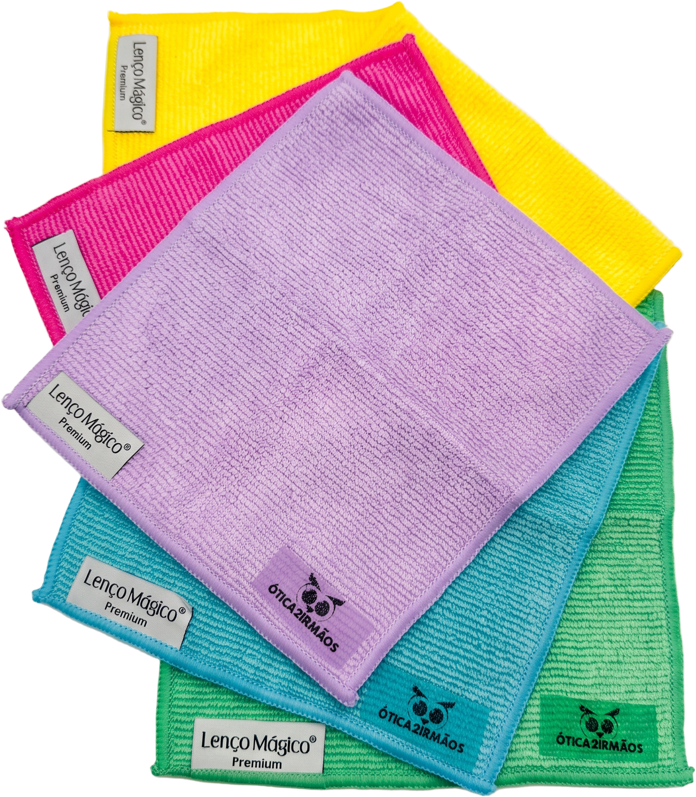Lenços mágicos de microfibra coloridos, amarelo, rosa, lilás, azul e verde, com a marca Ótica 2 Irmãos