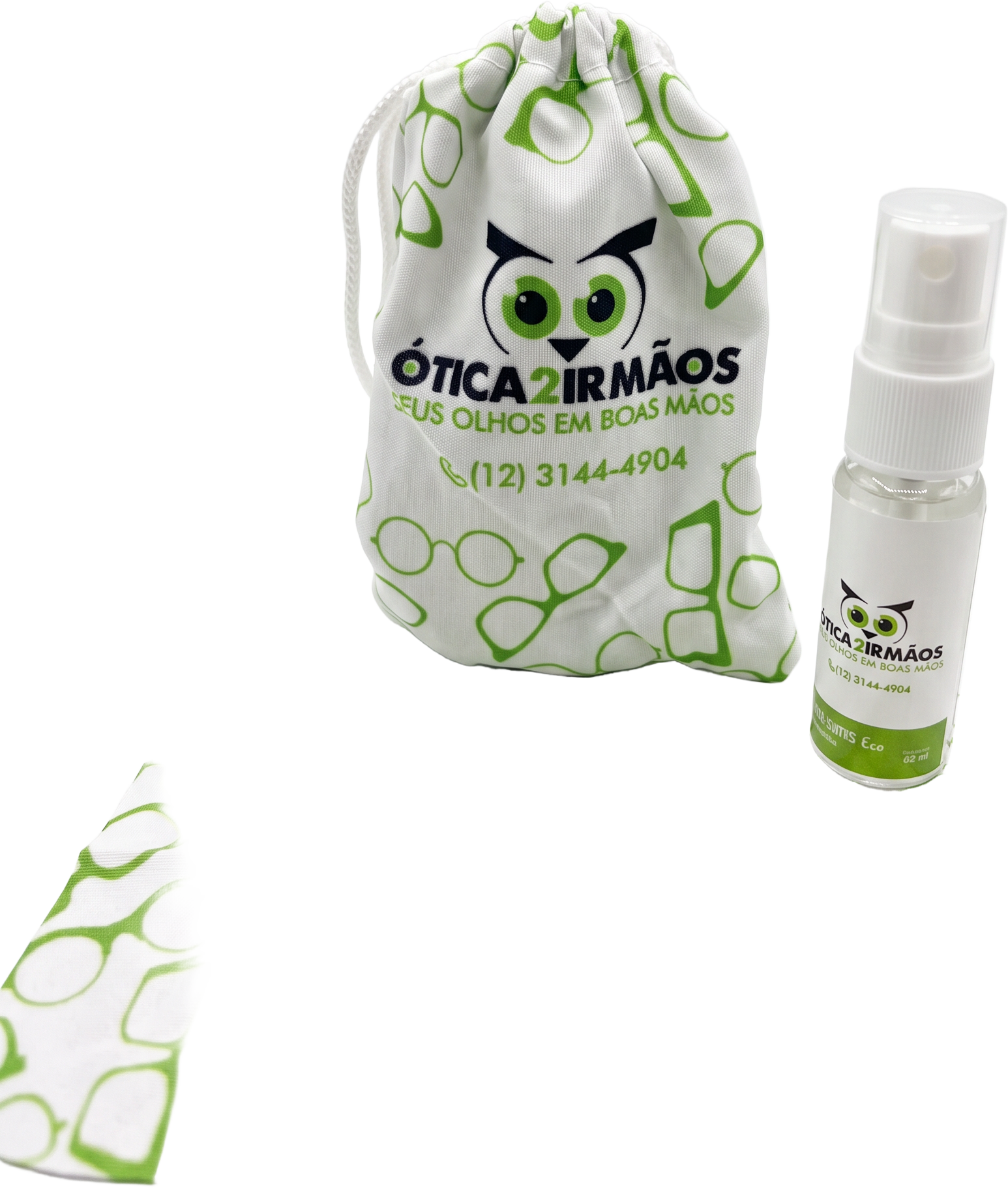 Kit de limpeza da Ótica 2 Irmãos com saquinho personalizado, spray limpa lentes e lenço de microfibra